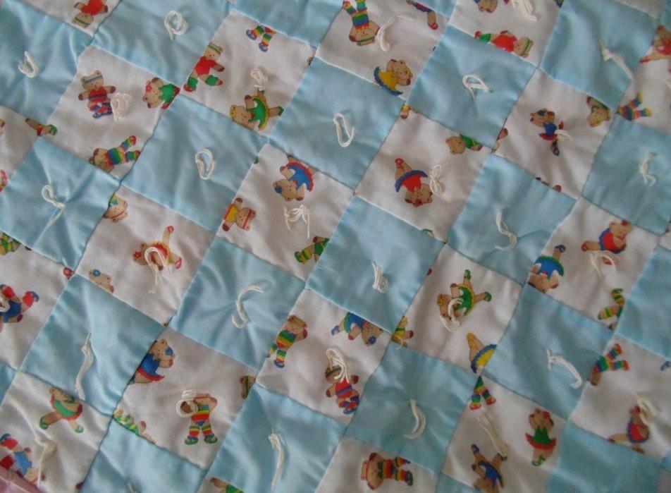 NEW Handmade Baby Quilt, Baby Bears Pastel Pink/Blue/White 33