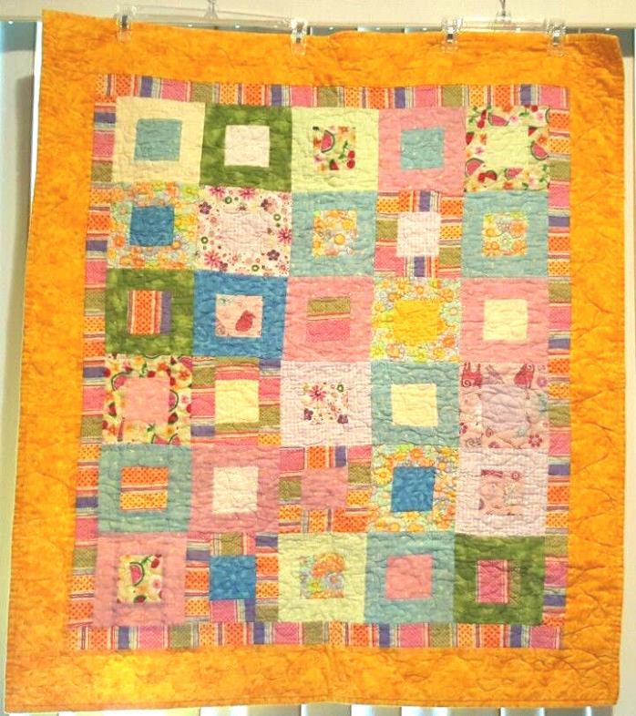 Handmade Quilted Baby Blanket Orange With Multi Colored Squares 37.5