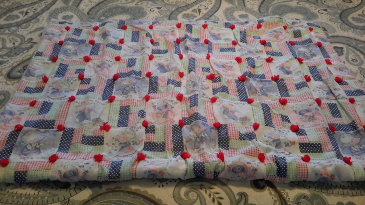 Cute Vintage Infant/Toddler Handmade Hand Knotted Blanket -Colorful Bonnet Girls