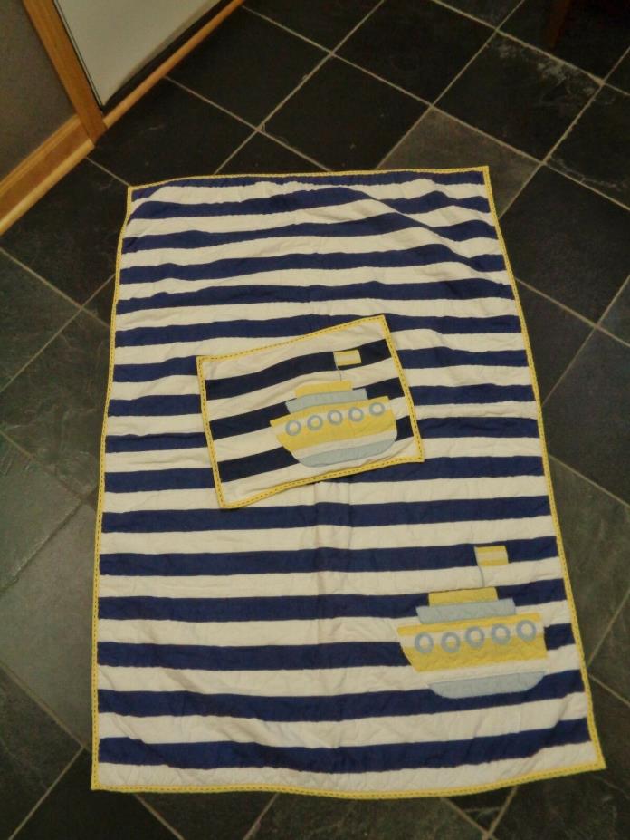 Pottery Barn Kids Baby Toddler Quilt & Sham Blue Striped BOAT SHIP Nautical