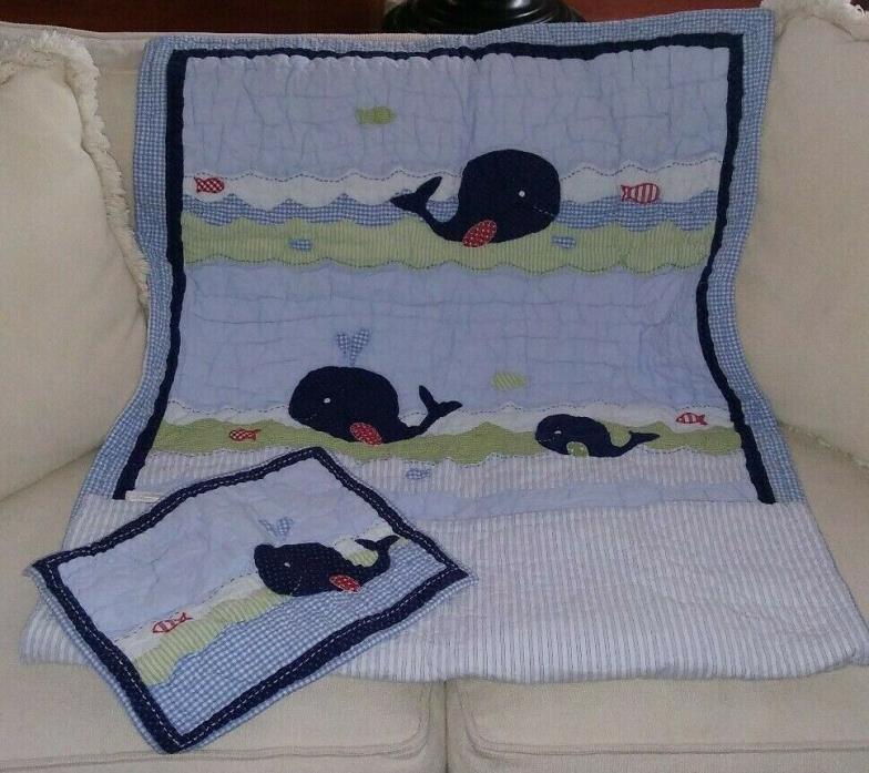 Pottery Barn Kids Jackson Whale Quilt and Sham~Nursery Crib~Very Gently Used
