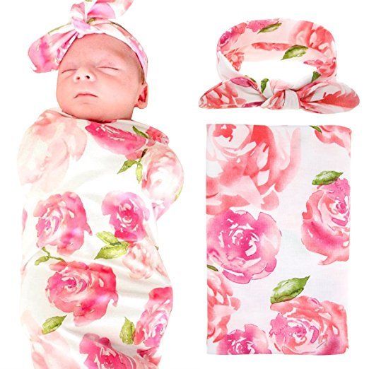 Newborn Baby Girl Swaddle Blanket & Headband Pink Rose Flower