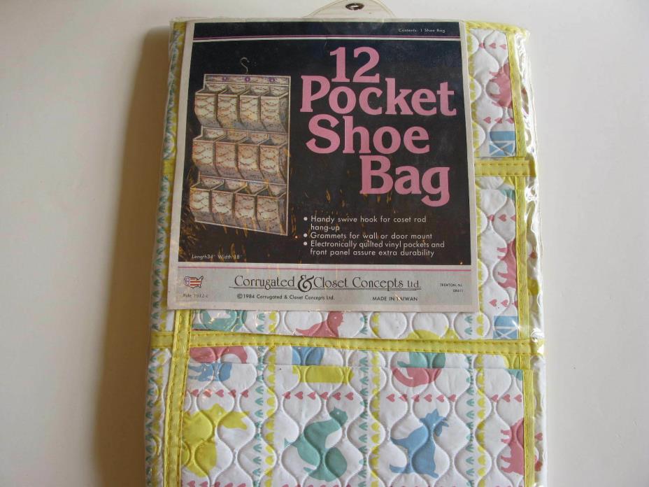 12 Pocket Shoe Bag-Vintage White & Yellow with Pink & Blue Animals
