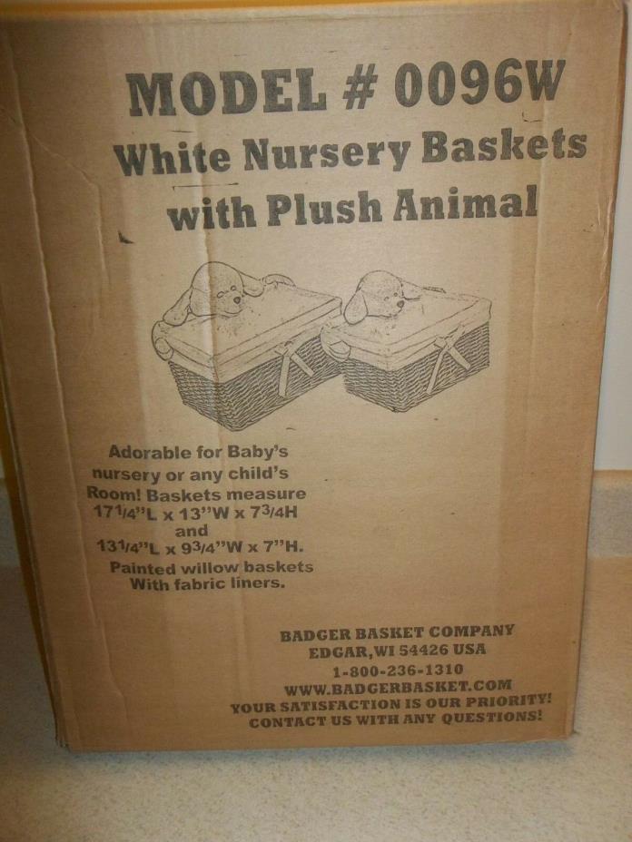 Badger Basket Set of 2 White Nursery Baskets W/plush Animal Liners 0096W New 869