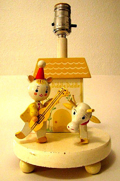 Vintage Table Lamp Child or Baby's room, Boy w/ Fiddle & Cow, yellow white & red