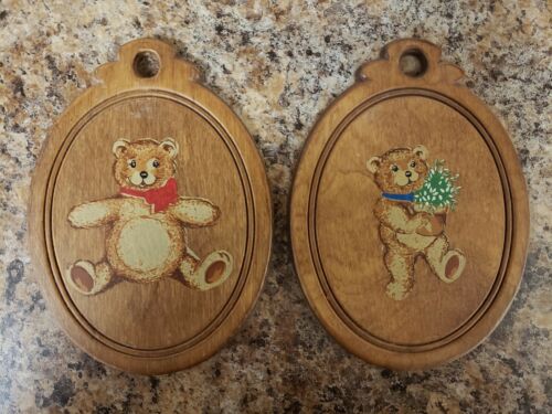 Vintage 50's Teddy Bear Wood Wall Plaques Baby Nursery Decor Set of Two