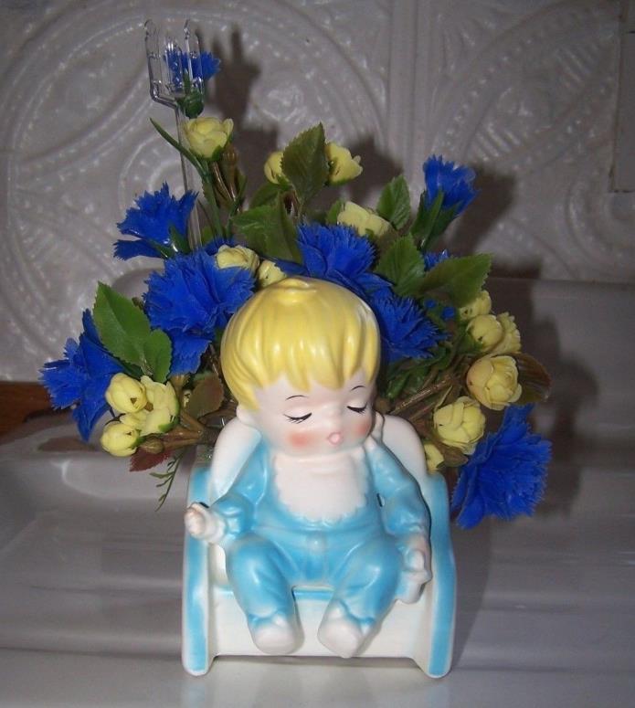 Vintage VELCO Mid Century Ceramic Baby Boy Nursery Floral Planter~Japan