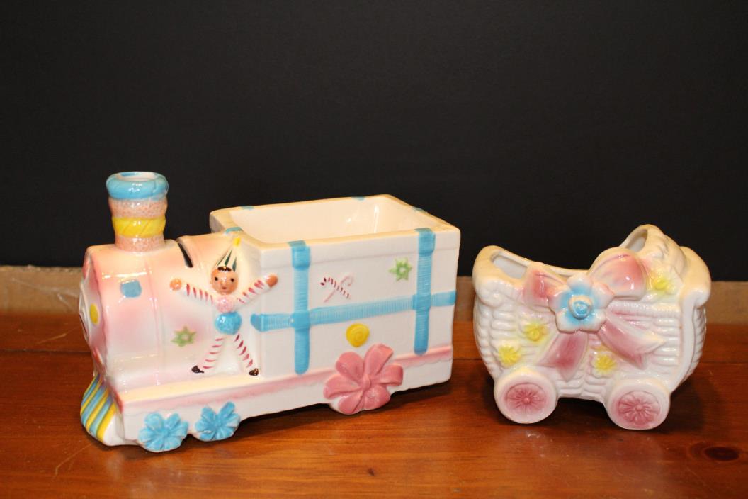 VTG ENESCO ceremic BABY's TRAIN BANK AND BABY CARRIAGE