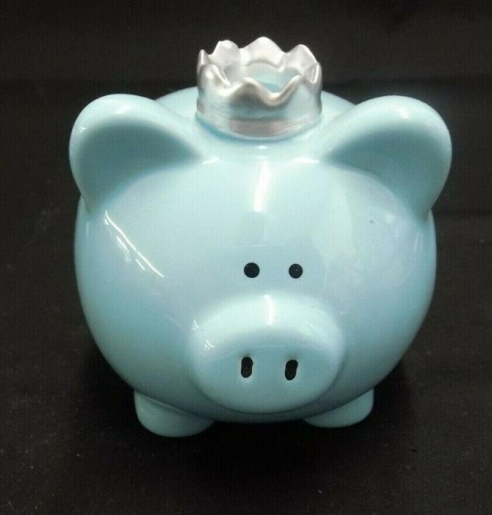 LIGHT BLUE CERAMIC PRINT PIG PIGGY COIN BANK W/RUBBER STOPPER SILVER BABY BOY