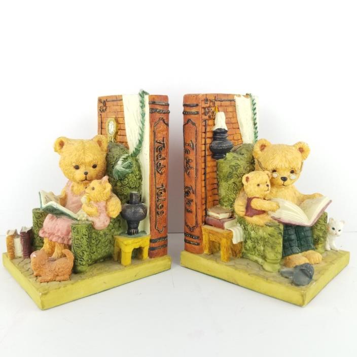Teddy Tales Bookend Shelf Decor Bears Baby Nursery Hand Painted Set of 2 Mom Dad