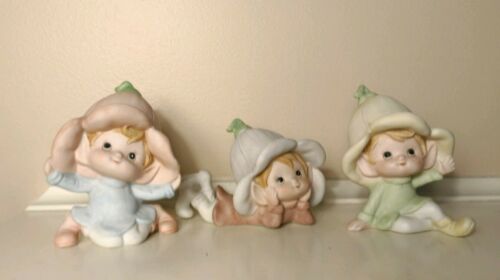 Vtg Homco Set Of 3 Pixies Fairies Elves Flower Hats Pastel Bisque Porcelain