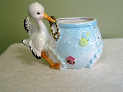 Vintage Figural Ceramic Baby Planter Stork Pin Rattle Diaper Blue Japan 5571