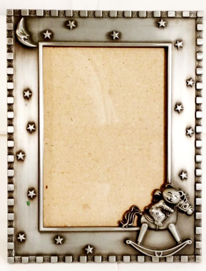 Nice Metal Baby Picture Frame w/ Teddy Bear, Rocking Horse & Stars Pewter Color