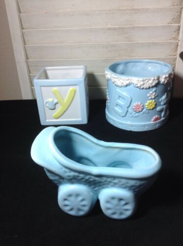 Lot Of 3 Nursery Planter Cradle Baby Shower Decor Blue Ceramic  Lefton