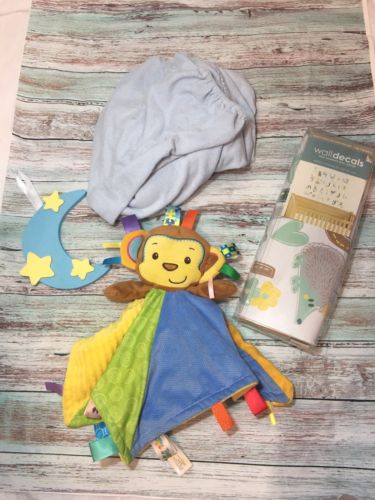 Baby Boy Gift Box Bundle Wall Decal Rattle Monkey Toy Changing Pad Cover Cresent