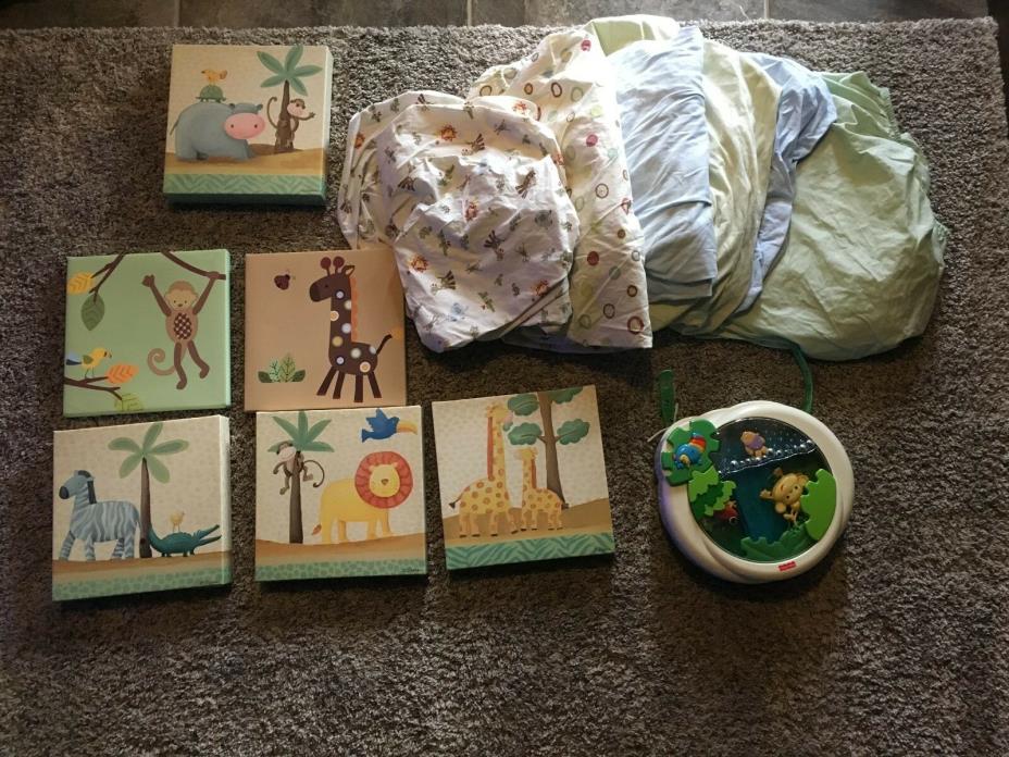 Baby room animal decor - wall prints, sheets, crib toy