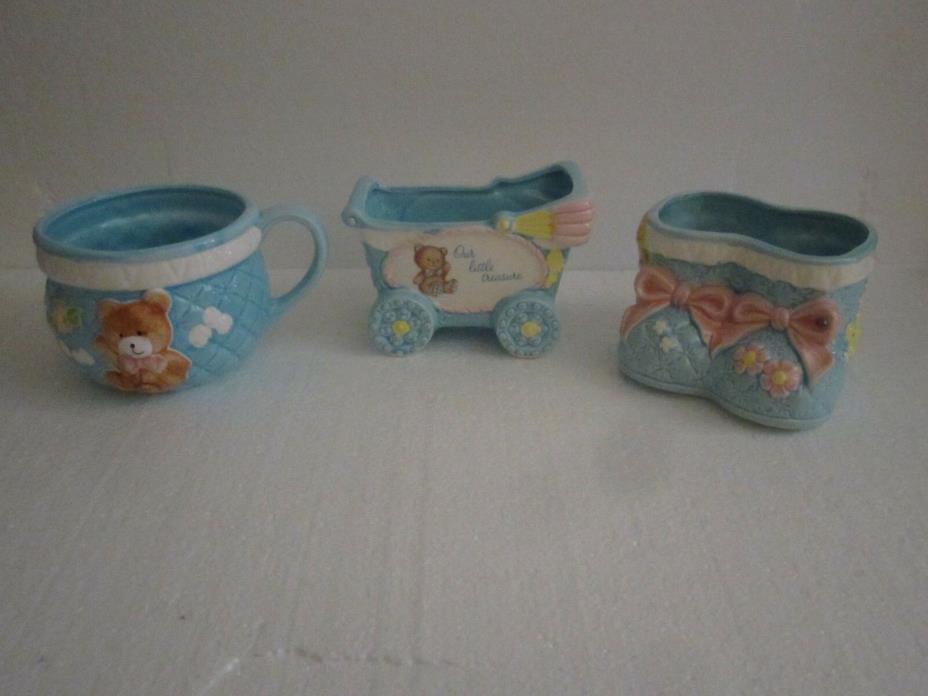 Vtg Lot Of 3 Nursery Planter Cradle Baby Shower Decor Blue Ceramic  Lefton Japan