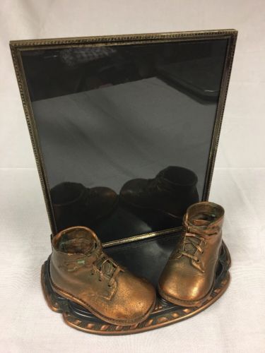 Vintage Baby Shoe Nursery Decor Brass Tone Metal Photo Frame & Stand Rare +