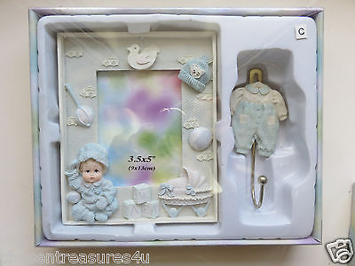 BABY BOY GIFT BOX PHOTO FRAME 3.5X5 IN. RESIN AND HANGER 2 PCE. NEW SABRE