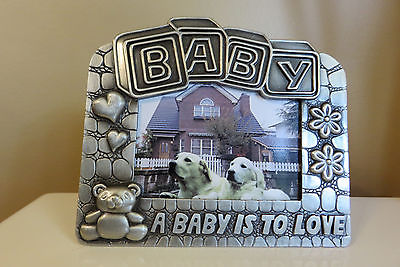 BABY  PHOTO FRAME 4X5 IN. Pewter Unisex Gift Sits Velvet Back NIB Glass Front