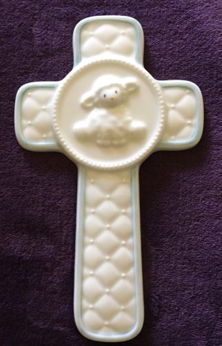 Gund Baby Boy Porcelain Plaque Cross, Lamb. Quilted Look/Design EUC