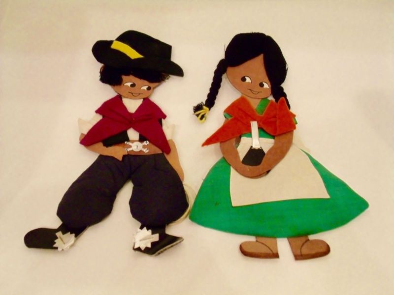 Vintage Boy Girl Leather Cloth Felt Cowboy Doll Wall Hanging Folk Art