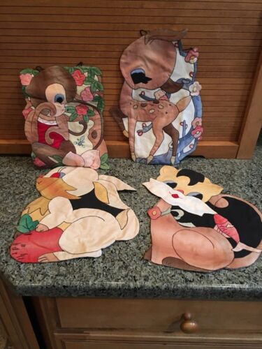 Lot of 4 Unique Vintage Nursery Fabric Animal Wall Hangings with Pockets