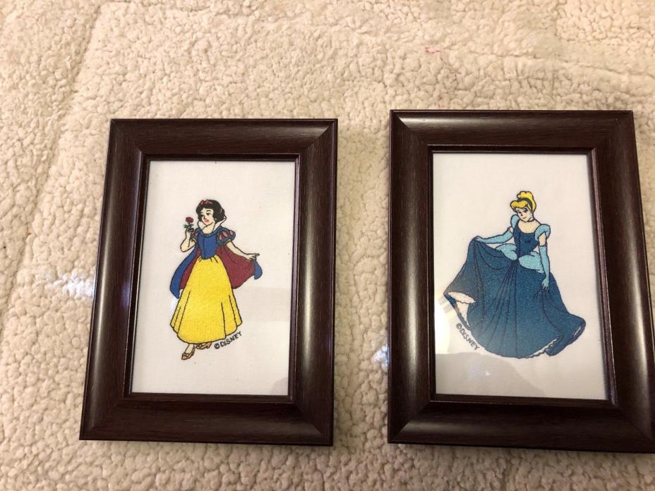 2 Nursey Framed Wall Hangings Snow White & Cinderella Homemade  Embrodered