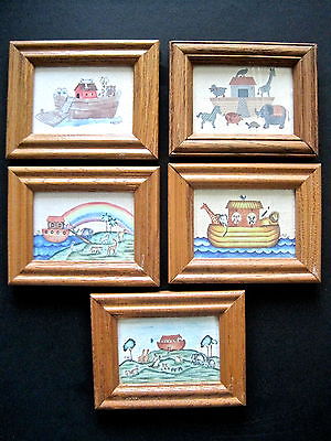 Vintage Noah's Ark Pictures Set of 5 Small Wood Framed Childs Room Baby Nursery