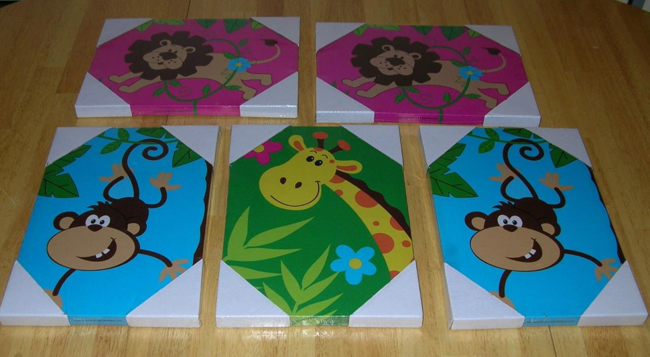 Baby's Room Nursery Decor Jungle Wall Art Canvas (5) Print Giraffe Monkey Lion