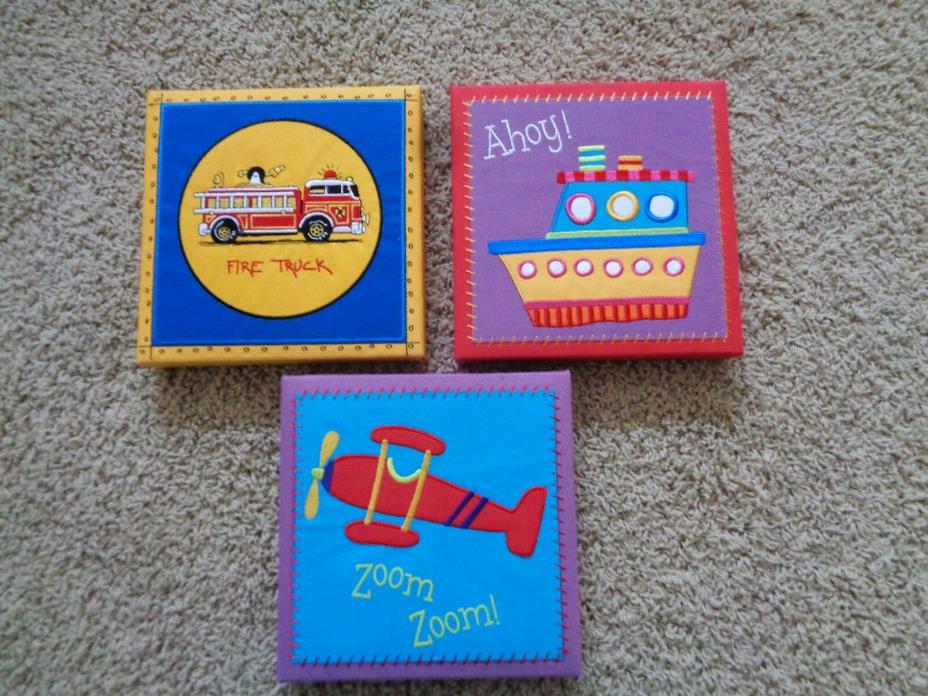 Lot of 3 Child's Fabric Covered Framed Wall Decor Fire Truck Zoom Zoom Ahoy