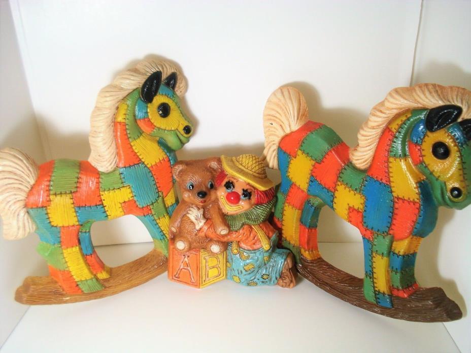 RETRO QUILTED PATCHWORK ROCKING HORSE AND CLOWN WALL DECOR FRANKIE'S DESIGN 1985