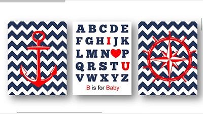 Baby Nursery signs decorations pictures Nautical Anchor Wheel ABC red white blue