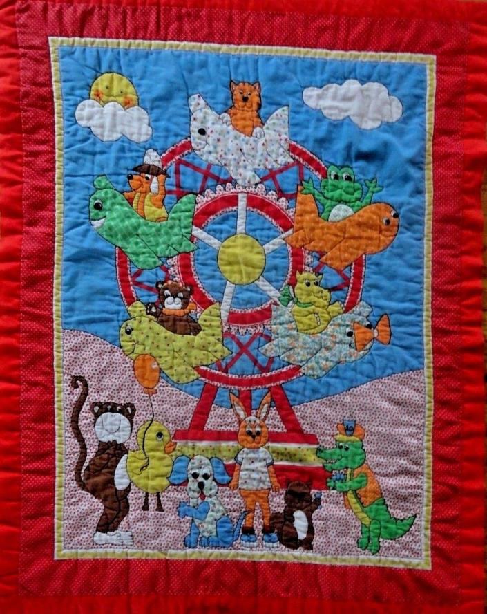 Bright Colorful Primary Colors Retro Baby Quilt Wall Hanging 44x36 Animals flaws