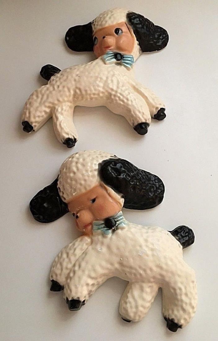 Vintage Kitsch 2 White Lambs Plaster/Chalkware Wall Hangings Blue Bows 6