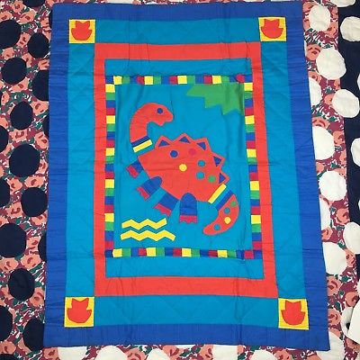 VTG Britannica Hand Sewn Quilted Wall Hanging Blue Red Dinosaur Quilt Baby Kids