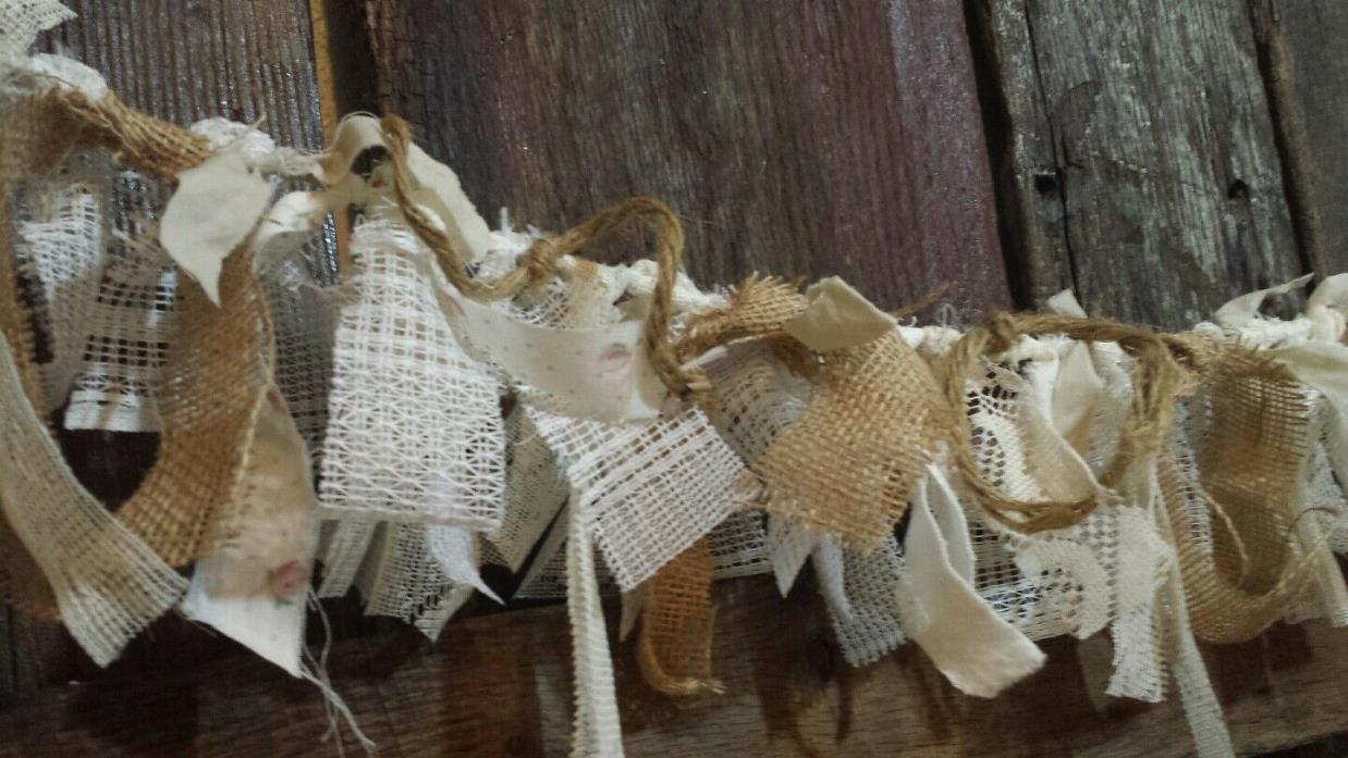 J18 banister fabric garland farmhouse Wedding valentines lace vtg burlap rags 5'