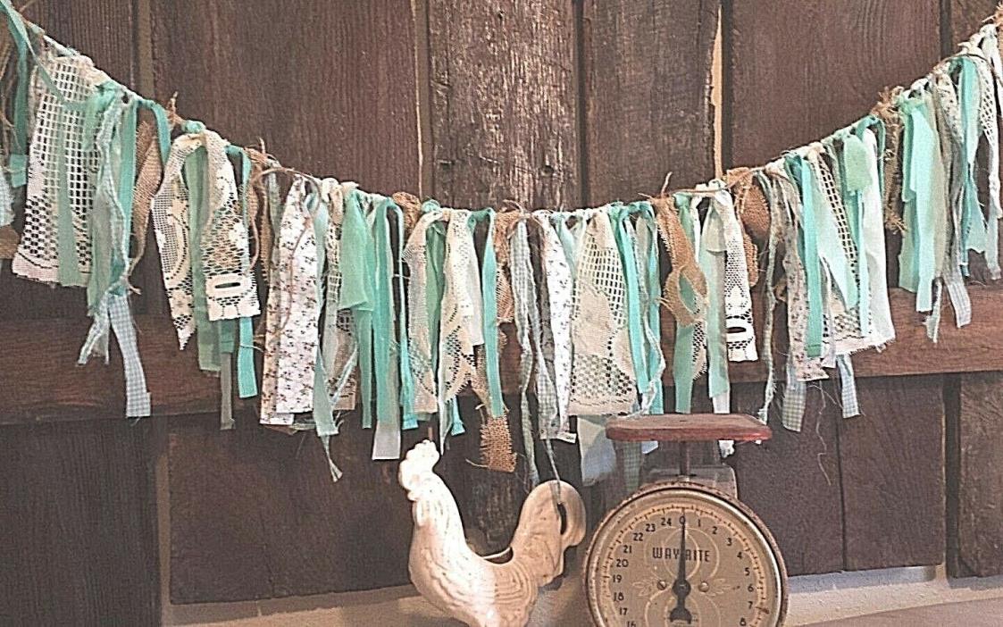 5ft photo prop fabric garland burlap teal mint lace vtg banner nursery wedding