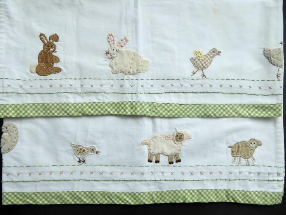 PAIR Pottery Barn Kids Rabbits Chicks Lamb Window Valances Ivory / Green Check