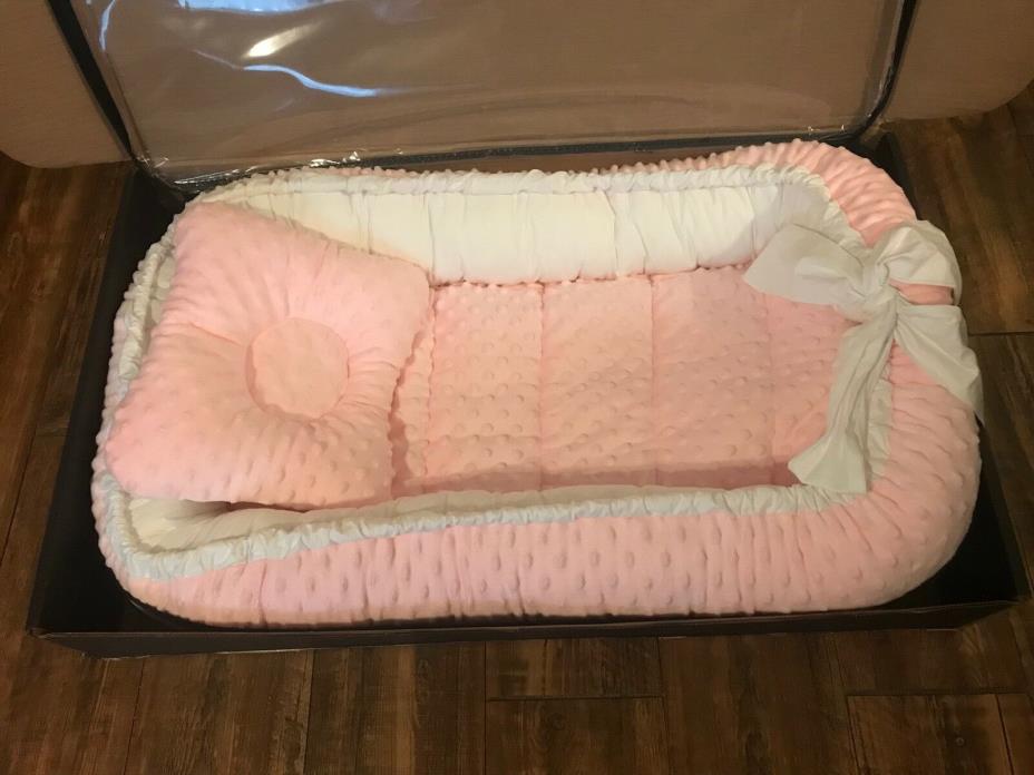 Custom Reversable Pink Minky Baby Nest W/ White Lining (Includes mat and pillow)