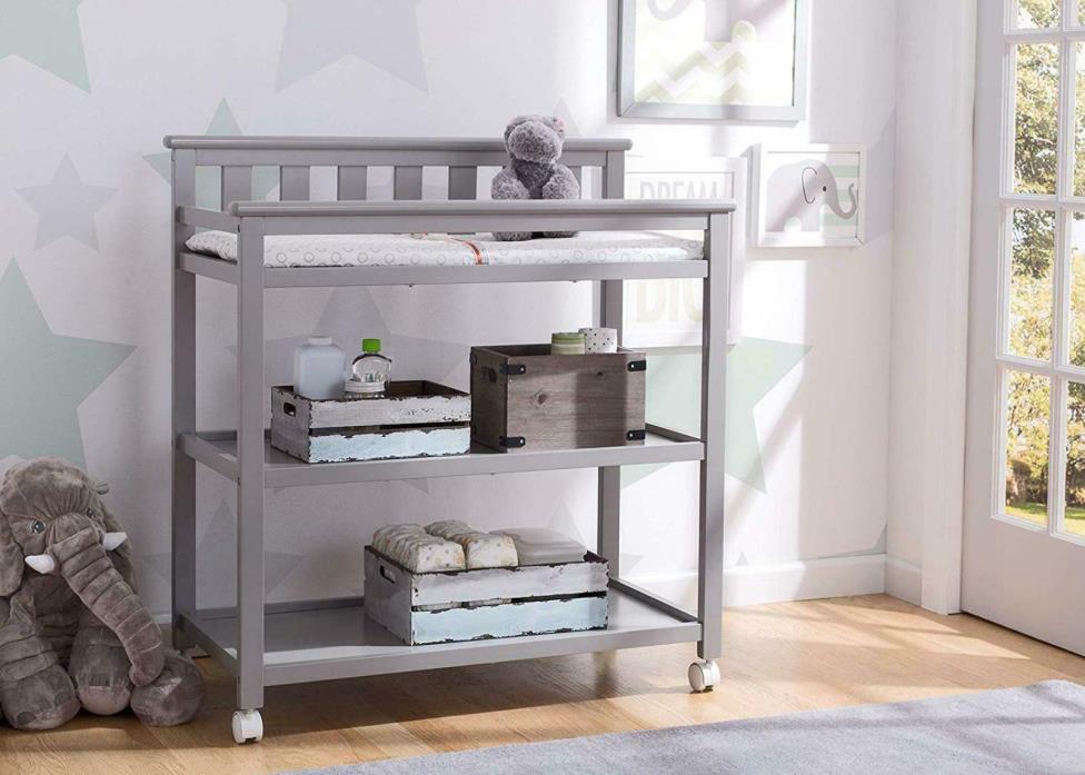 Delta Children Flat Top Changing Table with Casters, Grey and Waterproof Baby an