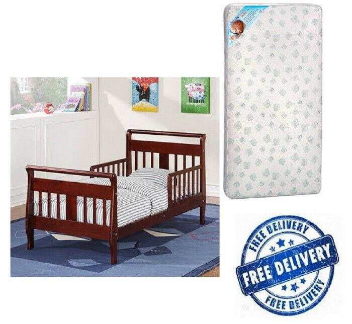 Toddler Bed Baby Furniture Mattress Value Bundle Sleigh Style Wood Kids Espresso