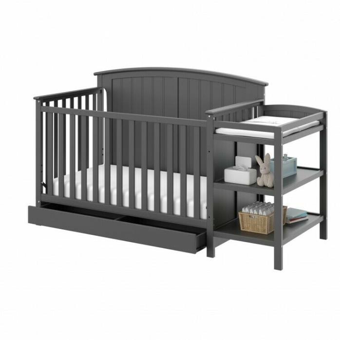 Baby Crib with Changing Table and Drawer Storage Underneath 4 in 1, Gray