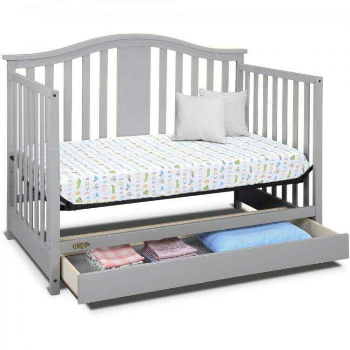 Baby Crib with Drawer Underneath Convertible 4 in 1 To Toddler Bed, Pebble Gray