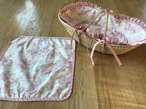 Baby Moses Basket, Natural With Pink Toile 3 Piece Liner Set, For Baby Or Dolls
