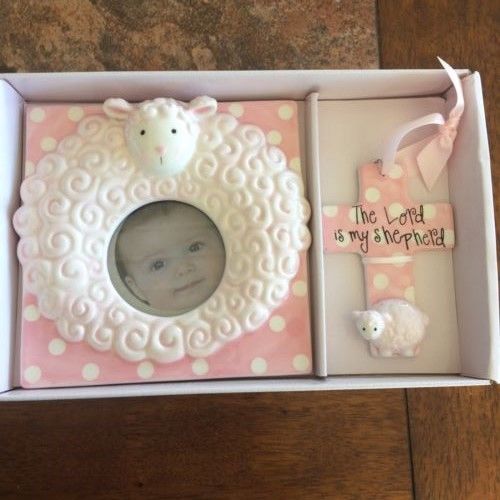 Mud Pie Baby PINK LAMB CROSS & FRAME SET 198143 (Discontinued by Manufacturer)
