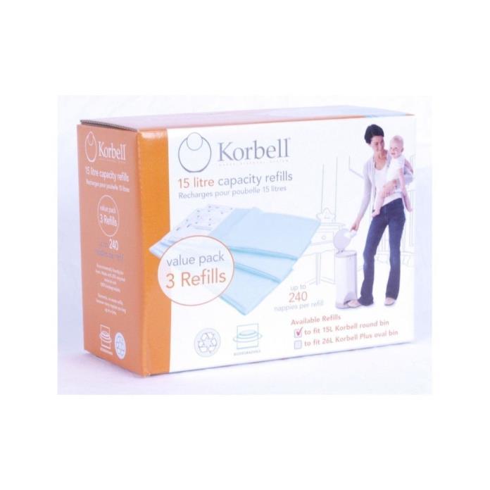 Korbell 15 Liter Recharge Nappy Round Bin Refill Bags Pack of 3  (720 nappies)