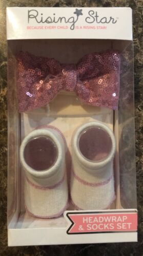 New Rising Star Headwrap & white bootie Socks set pink bow 0-12 months baby girl