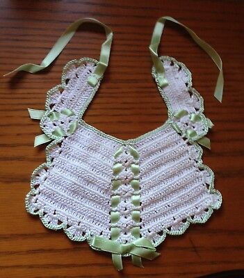 Handmade Crocheted Baby Bib Cream Cotton Pale Green Satin Ribbon
