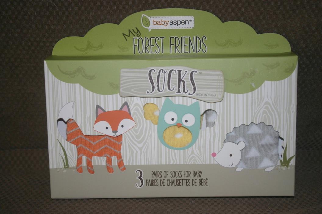 BABY ASPEN My Forest Friends Owl Fox Infant Socks 3 Pk. 0-6m NEW NIB Gift